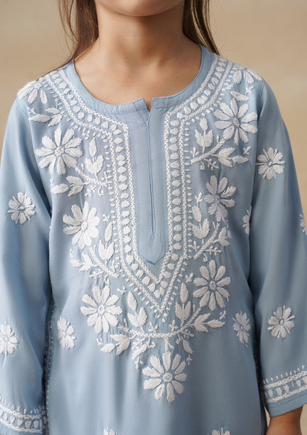 HOC Rayon Chikankari Solid Girls 2 PC Long Kurta Set - Light Blue
