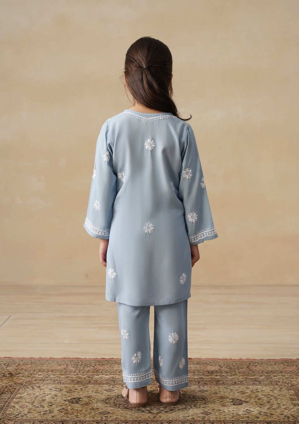 HOC Rayon Chikankari Solid Girls 2 PC Long Kurta Set - Light Blue