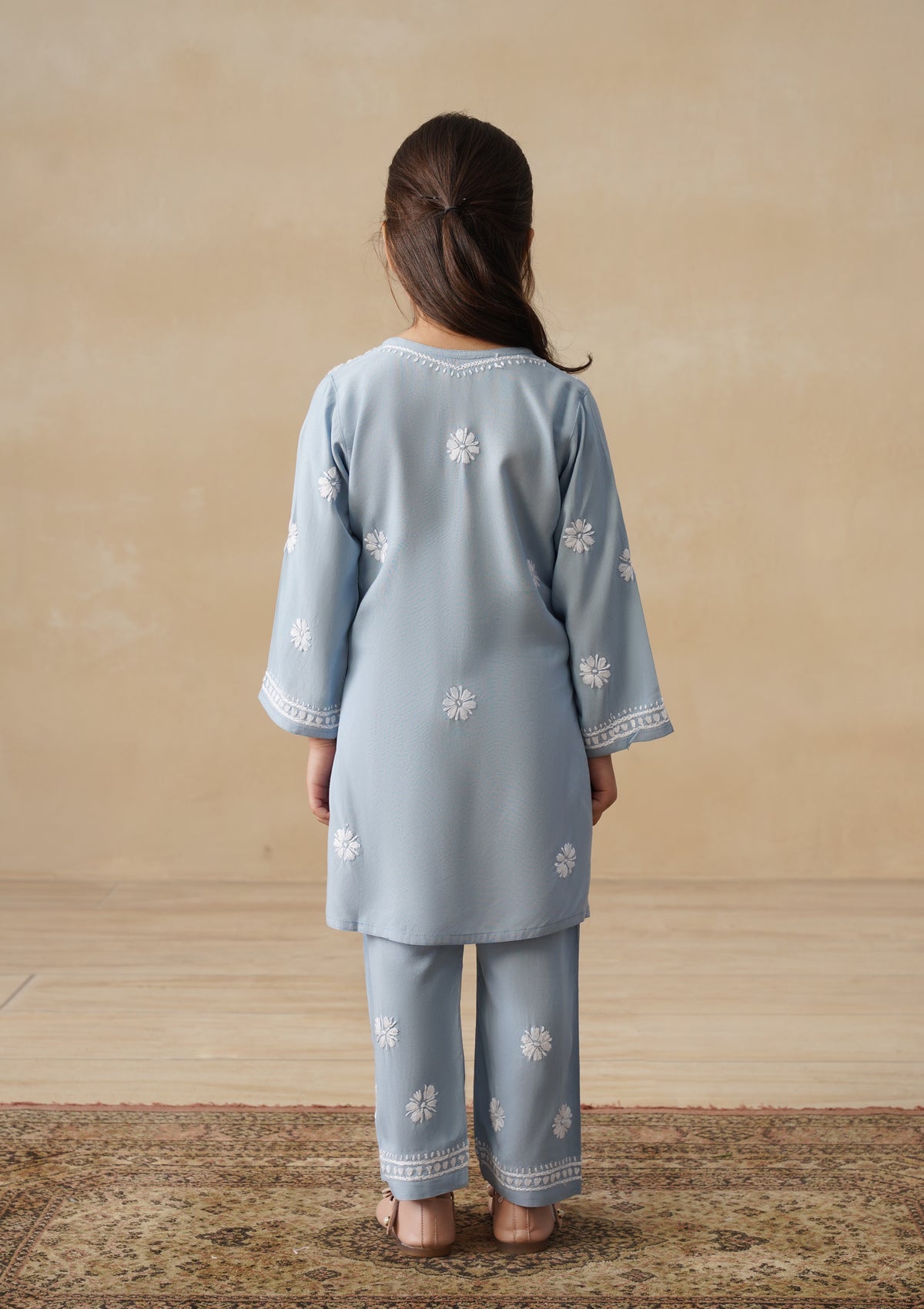 HOC Rayon Chikankari Solid Girls 2 PC Long Kurta Set - Light Blue