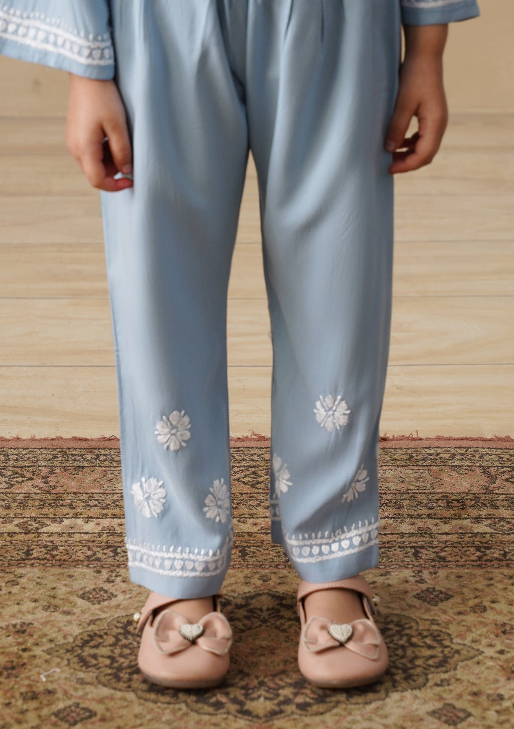 HOC Rayon Chikankari Solid Girls 2 PC Long Kurta Set - Light Blue