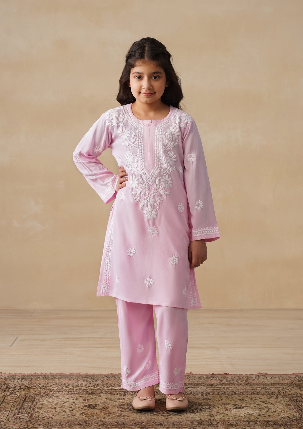 HOC Rayon Chikankari Solid Girls 2 PC Long Kurta Set - Light Pink