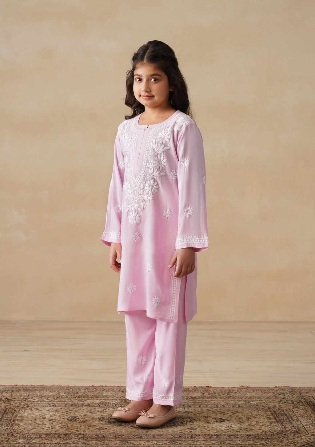 HOC Rayon Chikankari Solid Girls 2 PC Long Kurta Set - Light Pink
