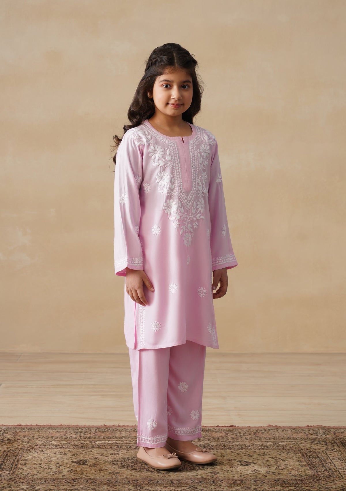 HOC Rayon Chikankari Solid Girls 2 PC Long Kurta Set - Light Pink