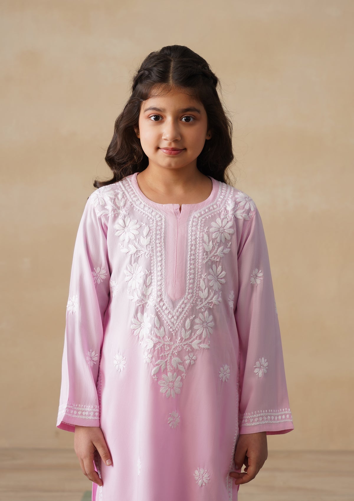 HOC Rayon Chikankari Solid Girls 2 PC Long Kurta Set - Light Pink