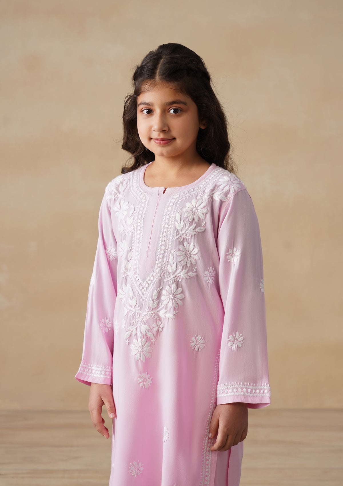 HOC Rayon Chikankari Solid Girls 2 PC Long Kurta Set - Light Pink