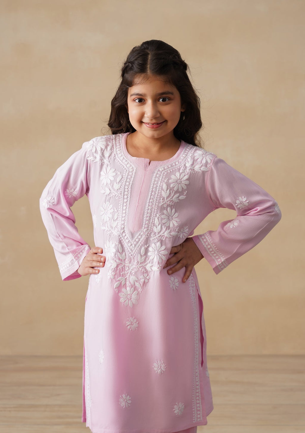 HOC Rayon Chikankari Solid Girls 2 PC Long Kurta Set - Light Pink