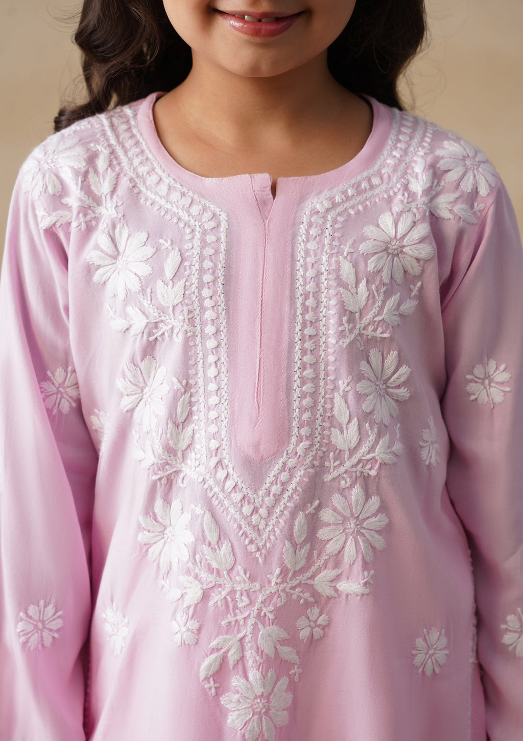 HOC Rayon Chikankari Solid Girls 2 PC Long Kurta Set - Light Pink