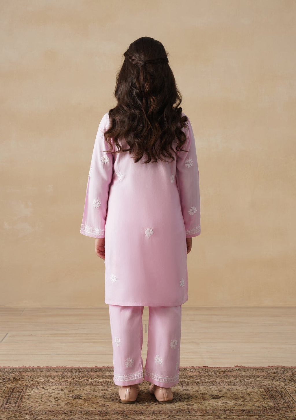 HOC Rayon Chikankari Solid Girls 2 PC Long Kurta Set - Light Pink
