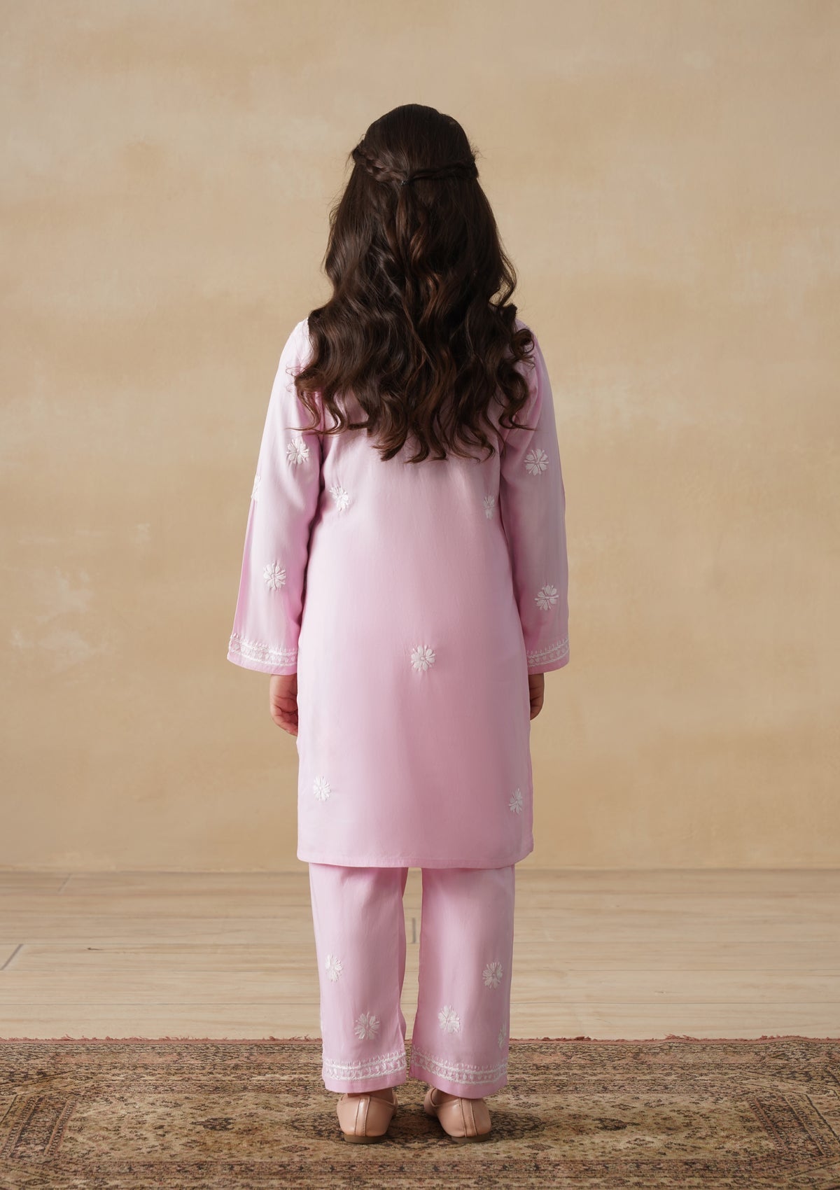 HOC Rayon Chikankari Solid Girls 2 PC Long Kurta Set - Light Pink