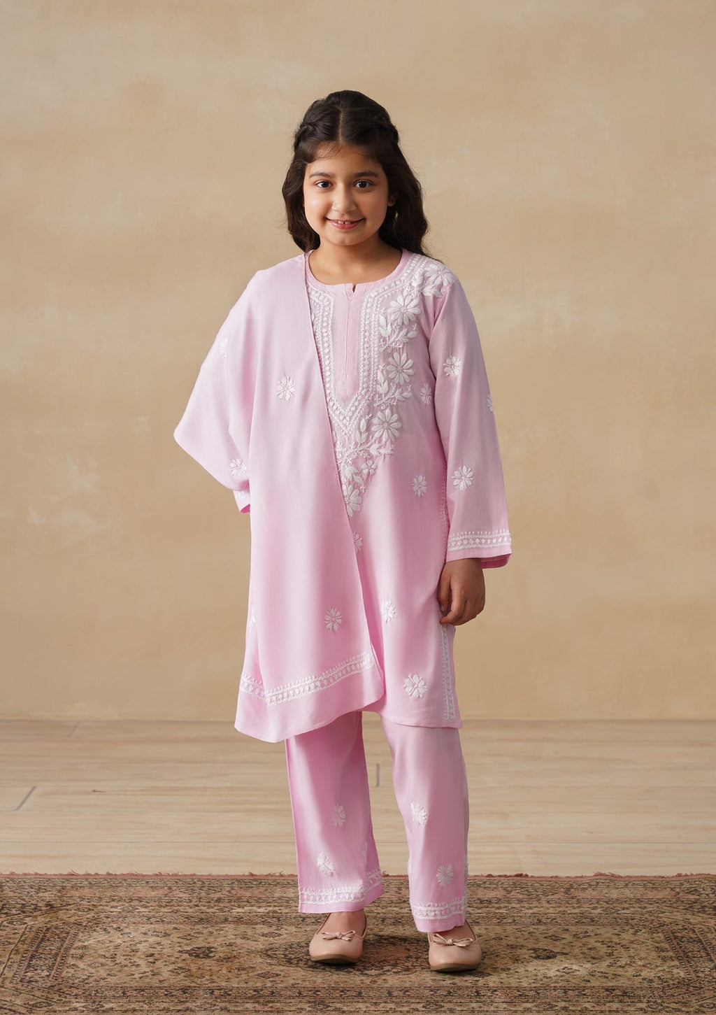 HOC Rayon Chikankari Solid Girls 2 PC Long Kurta Set - Light Pink