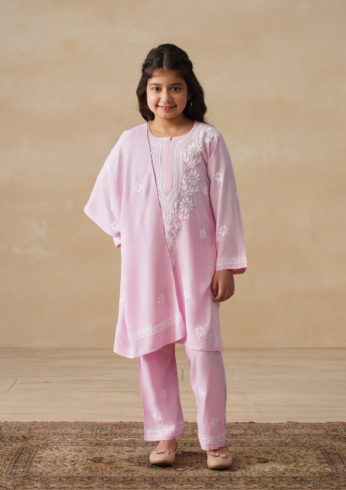 HOC Rayon Chikankari Solid Girls 2 PC Long Kurta Set - Light Pink