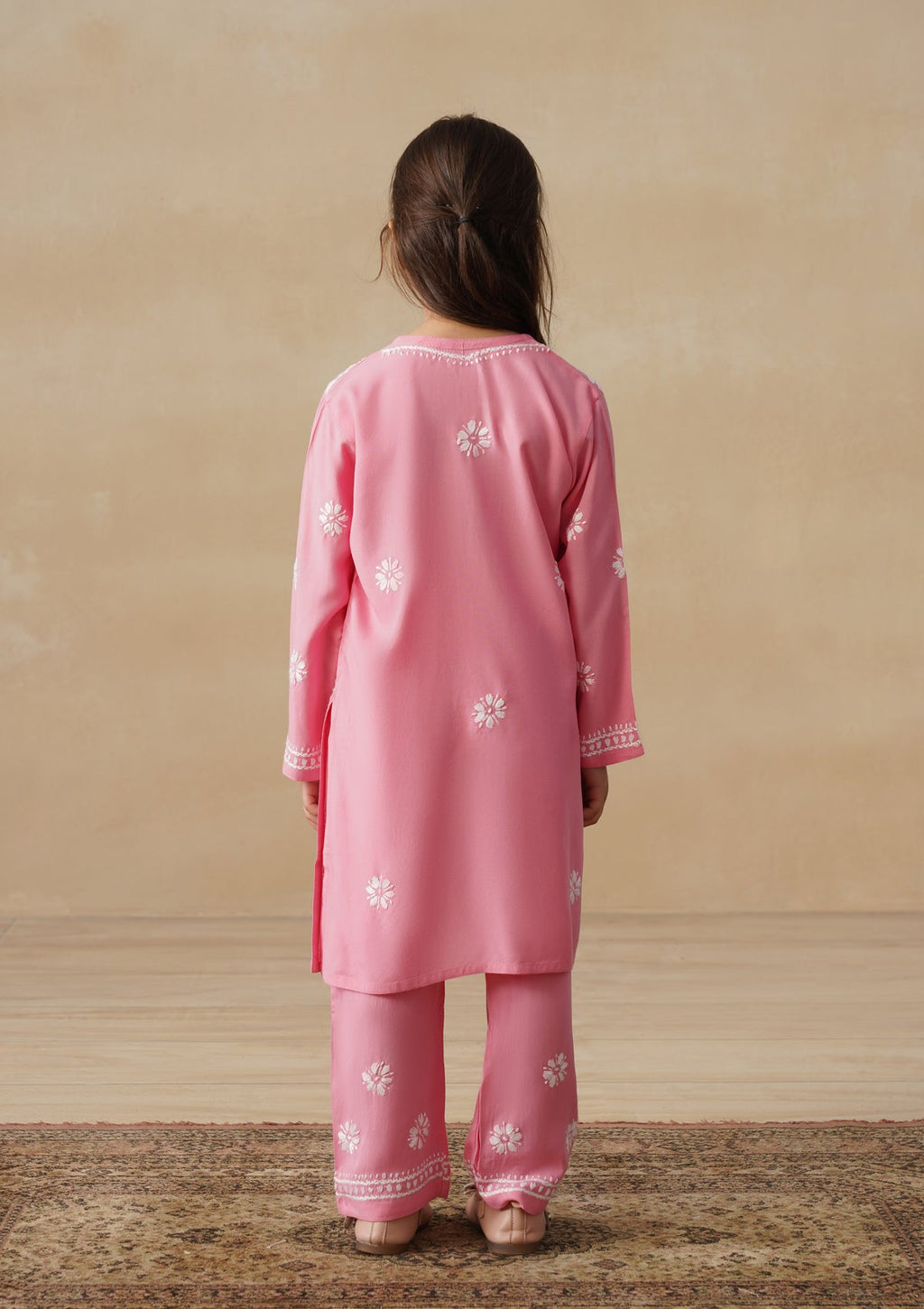 HOC Rayon Chikankari Solid Girls 2 PC Long Kurta Set - Pink