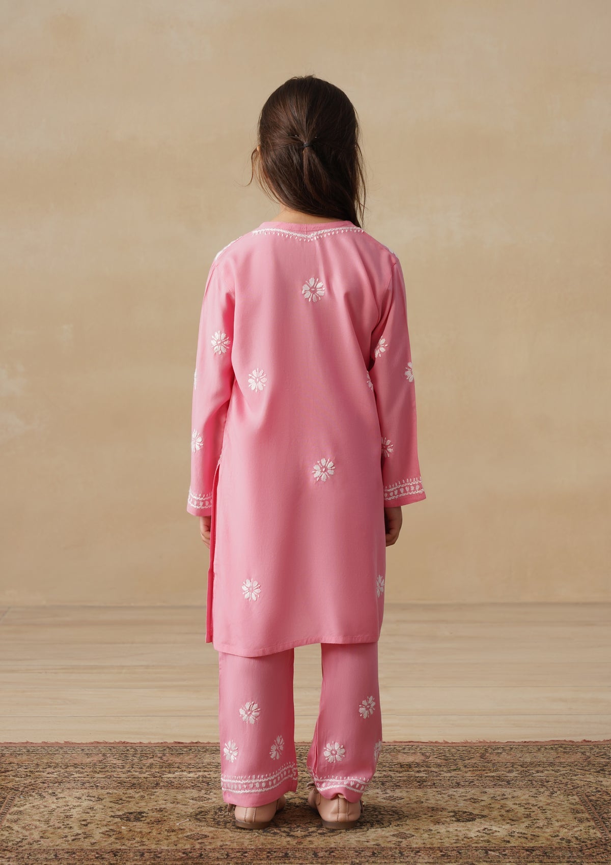 HOC Rayon Chikankari Solid Girls 2 PC Long Kurta Set - Pink