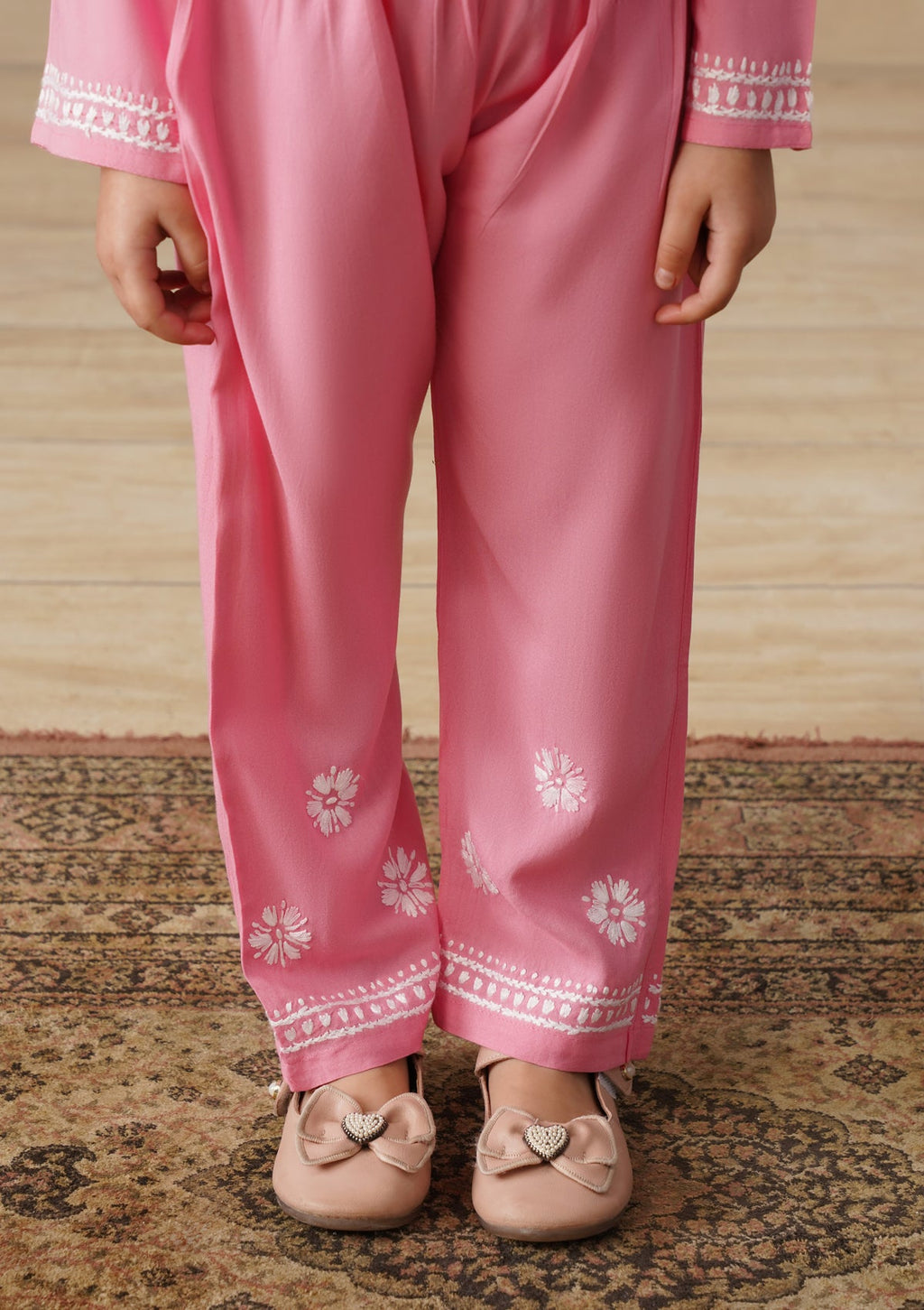 HOC Rayon Chikankari Solid Girls 2 PC Long Kurta Set - Pink