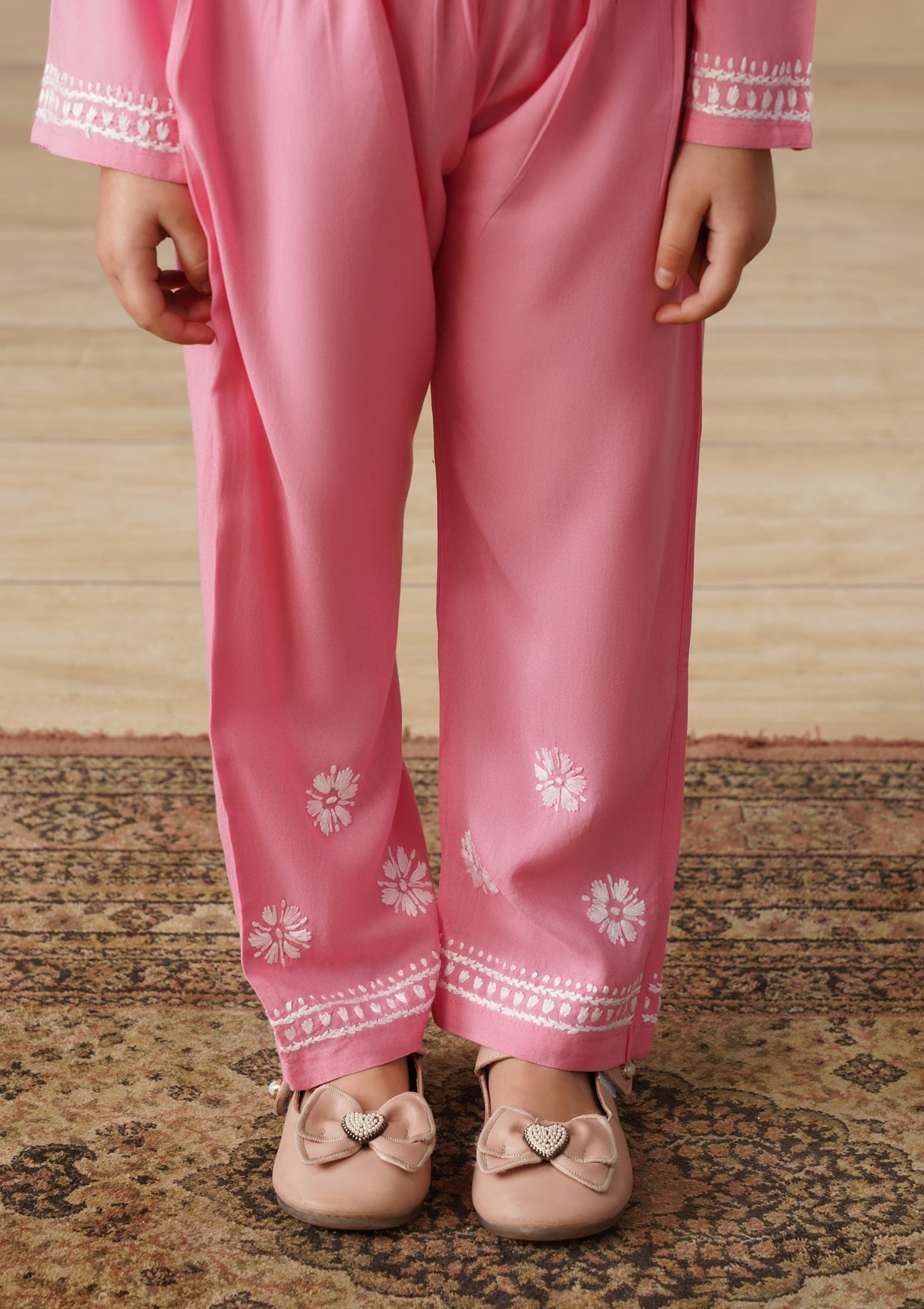 HOC Rayon Chikankari Solid Girls 2 PC Long Kurta Set - Pink