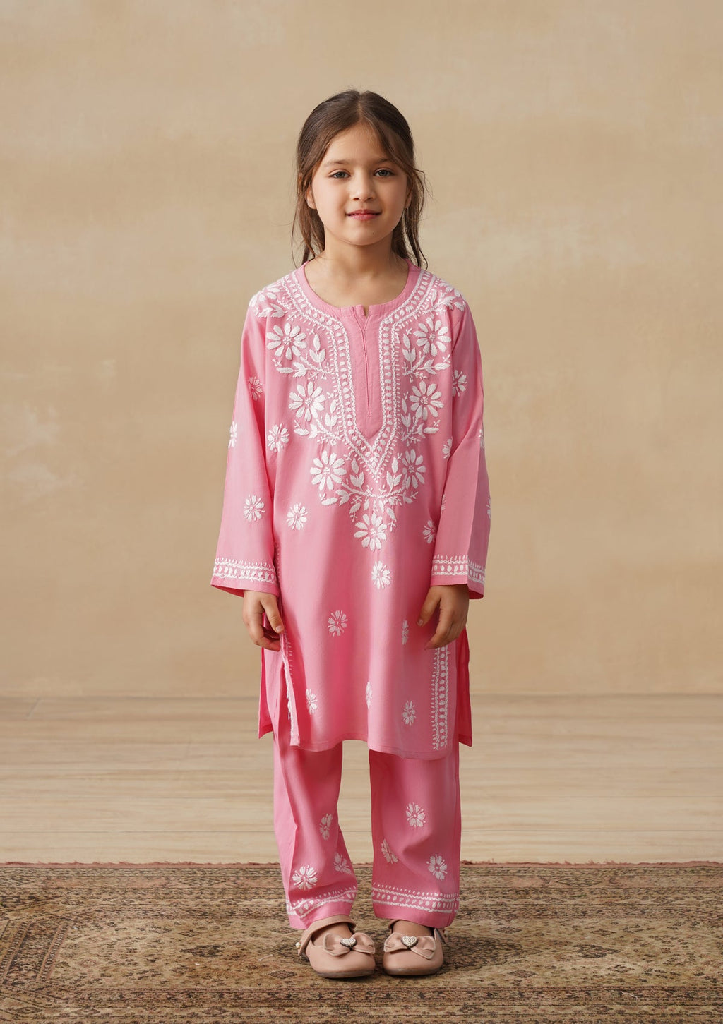 HOC Rayon Chikankari Solid Girls 2 PC Long Kurta Set - Pink
