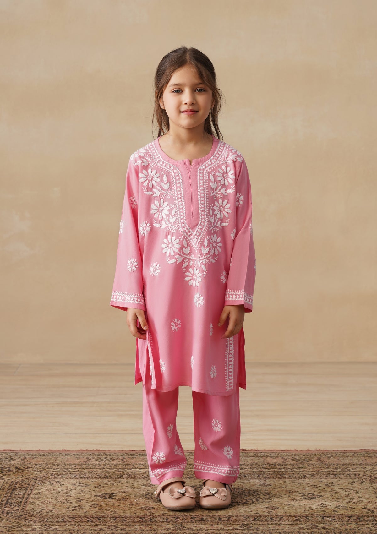 HOC Rayon Chikankari Solid Girls 2 PC Long Kurta Set - Pink