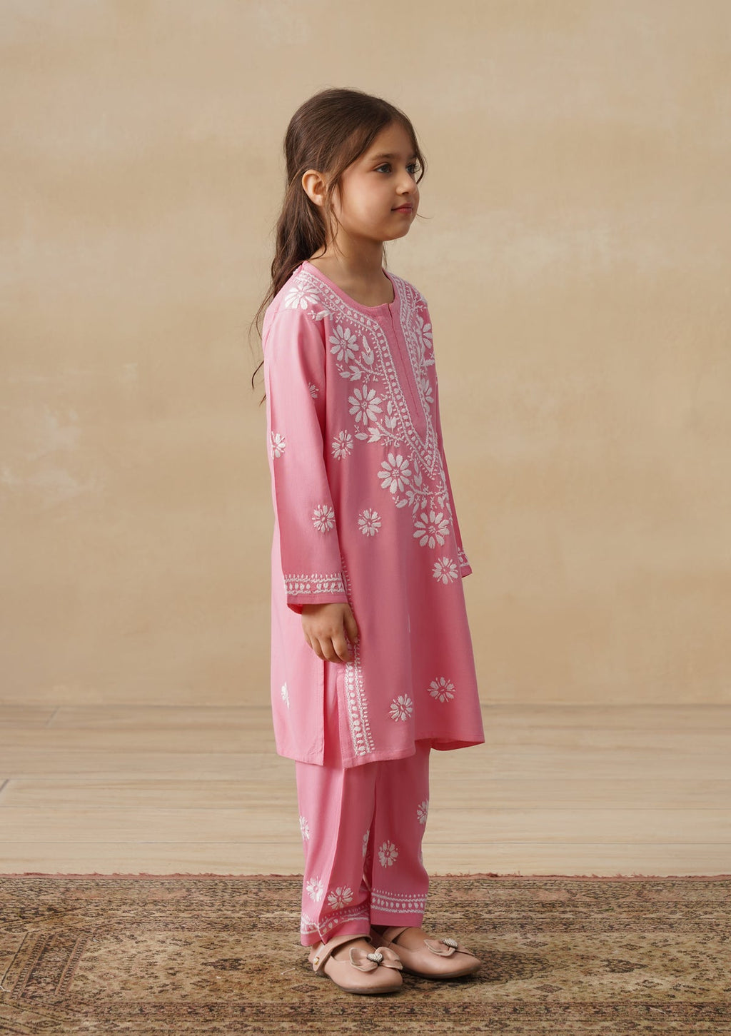 HOC Rayon Chikankari Solid Girls 2 PC Long Kurta Set - Pink
