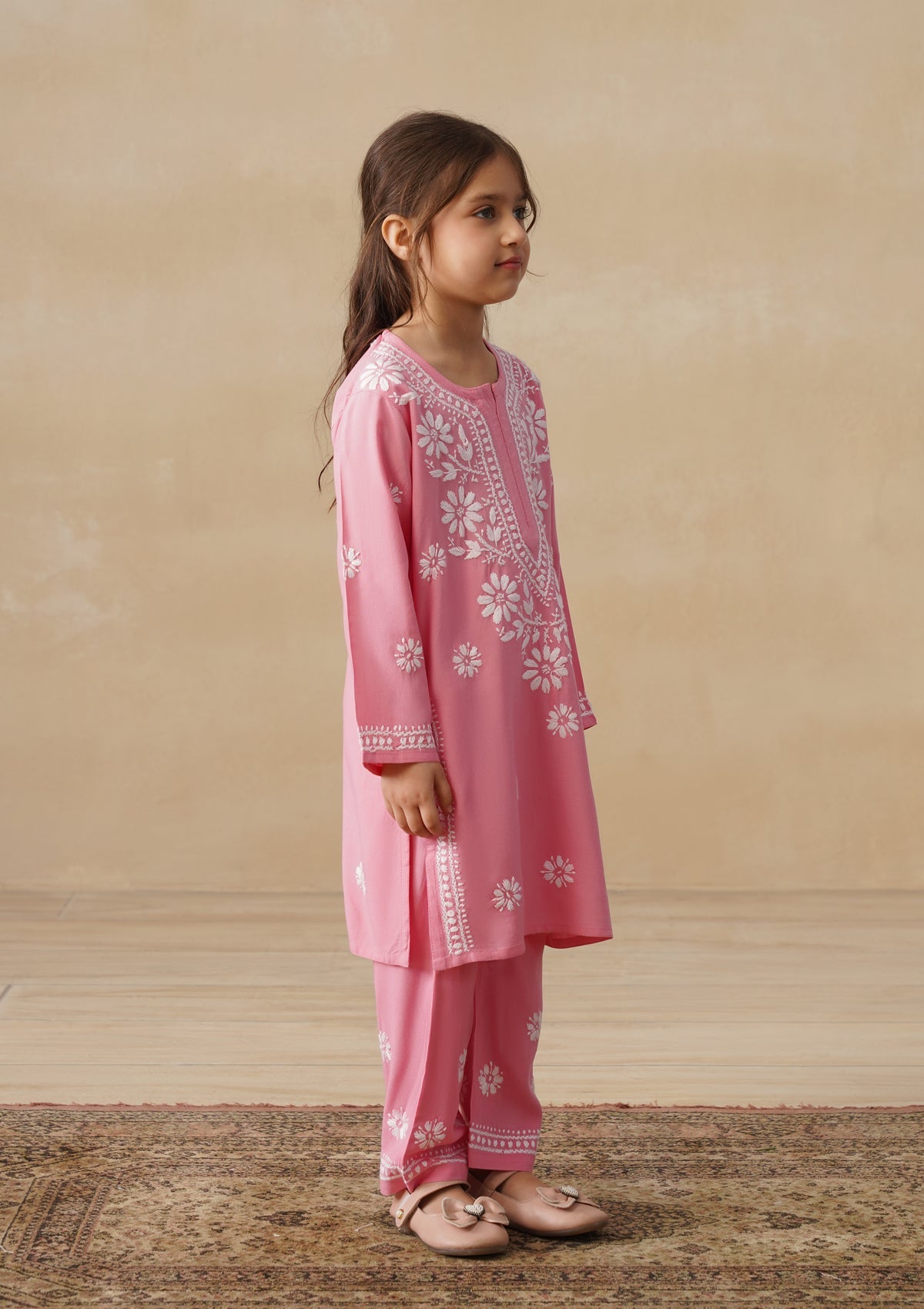 HOC Rayon Chikankari Solid Girls 2 PC Long Kurta Set - Pink