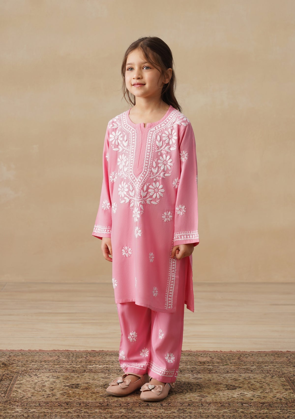 HOC Rayon Chikankari Solid Girls 2 PC Long Kurta Set - Pink