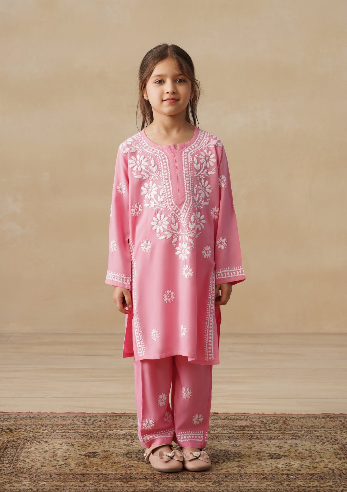 HOC Rayon Chikankari Solid Girls 2 PC Long Kurta Set - Pink