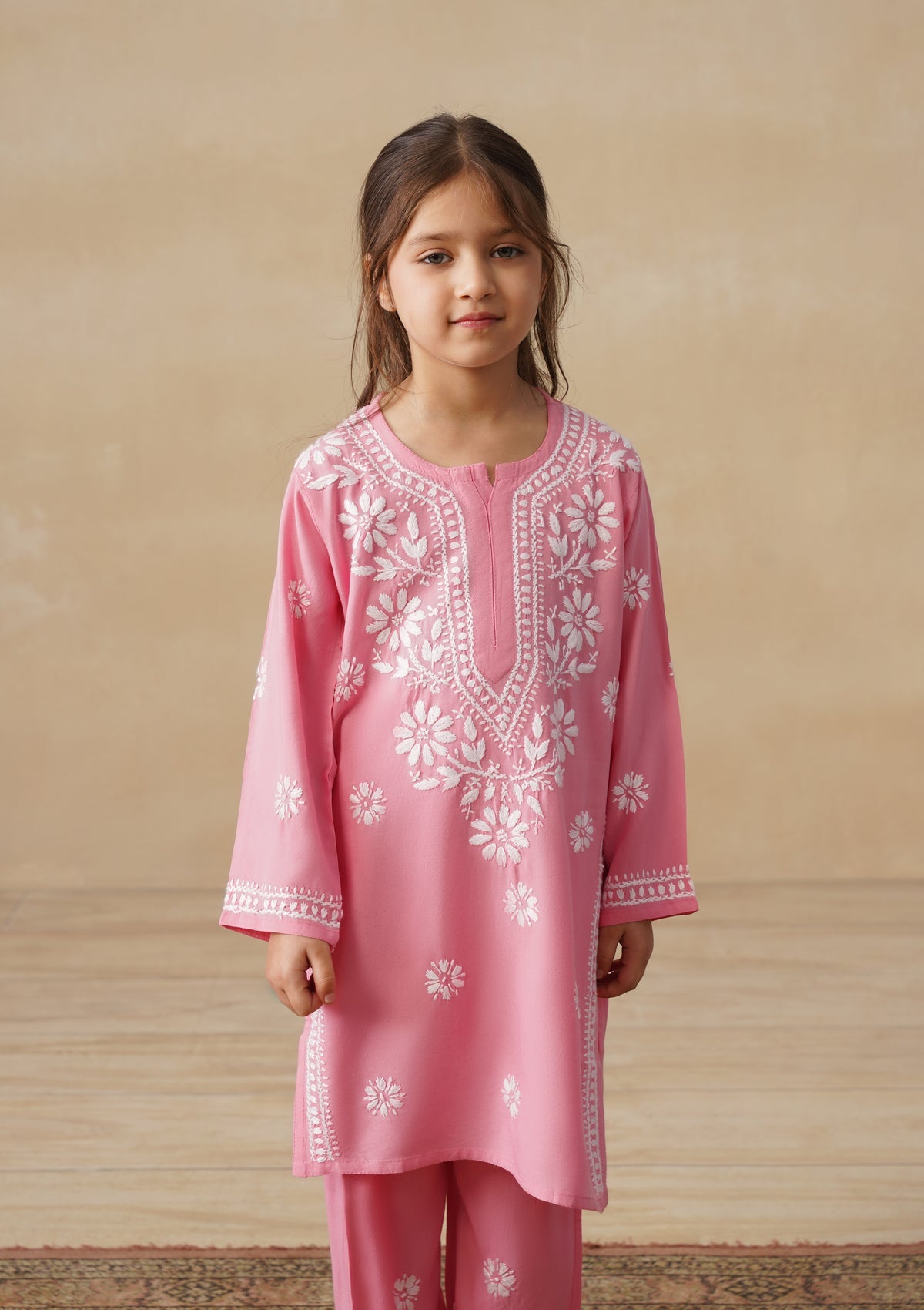 HOC Rayon Chikankari Solid Girls 2 PC Long Kurta Set - Pink