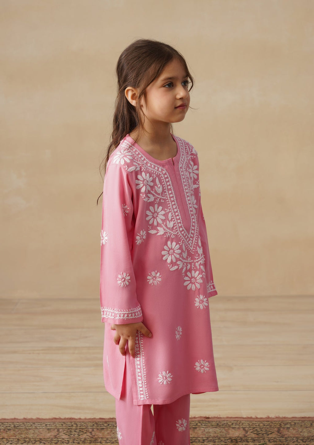 HOC Rayon Chikankari Solid Girls 2 PC Long Kurta Set - Pink