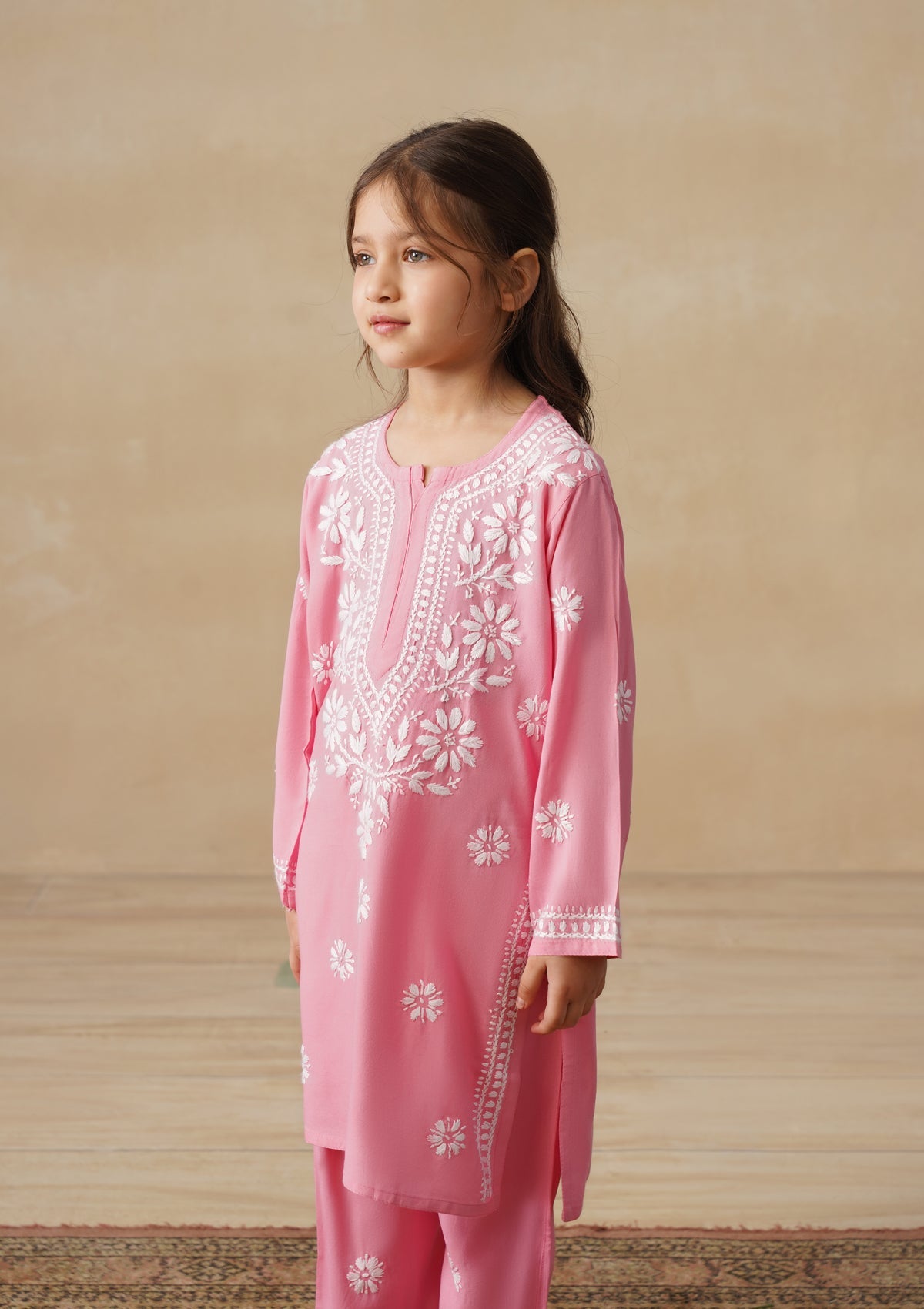 HOC Rayon Chikankari Solid Girls 2 PC Long Kurta Set - Pink