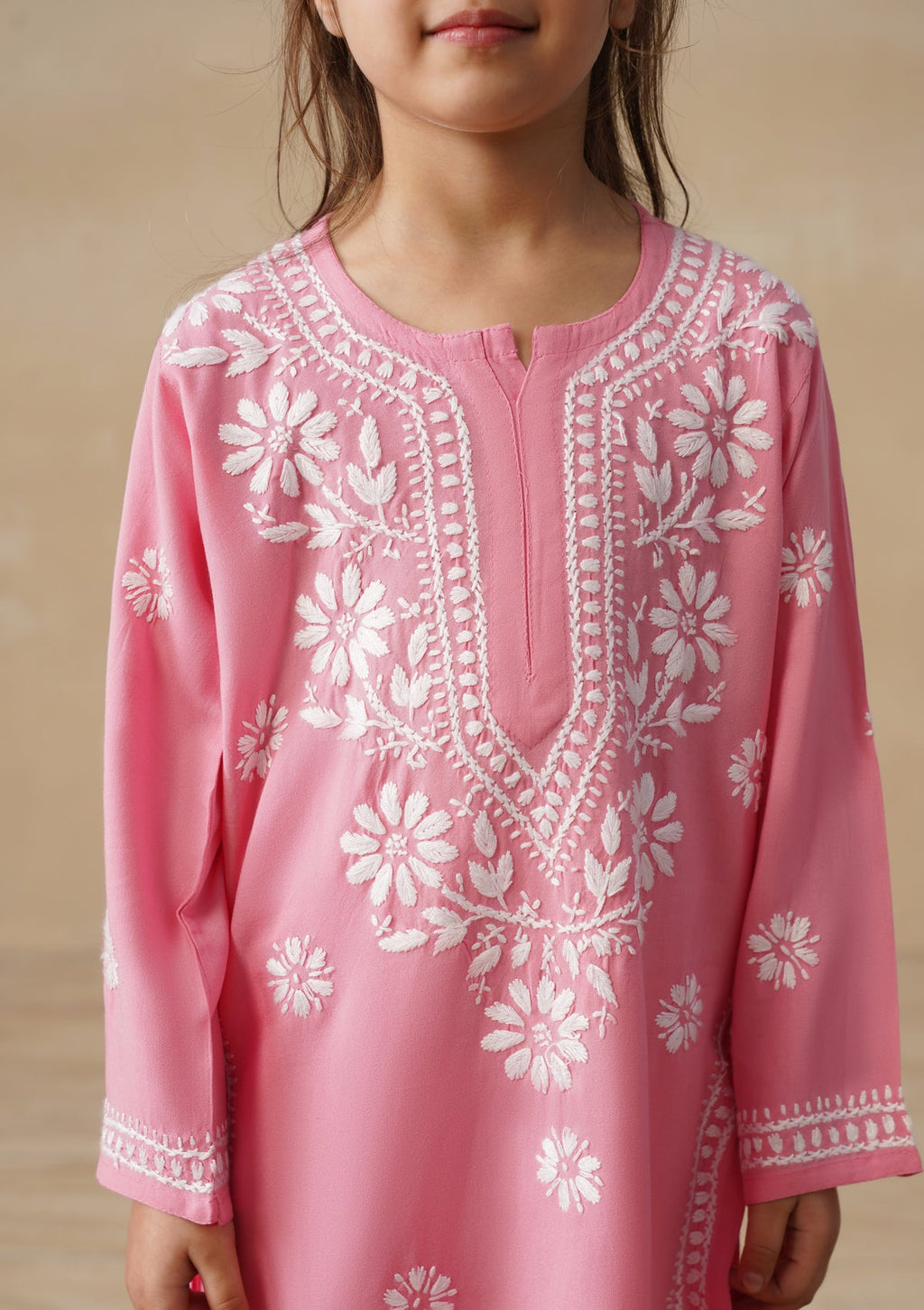 HOC Rayon Chikankari Solid Girls 2 PC Long Kurta Set - Pink