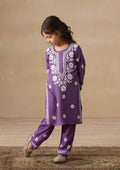 HOC Rayon Chikankari Solid Girls 2 PC Long Kurta Set - Purple