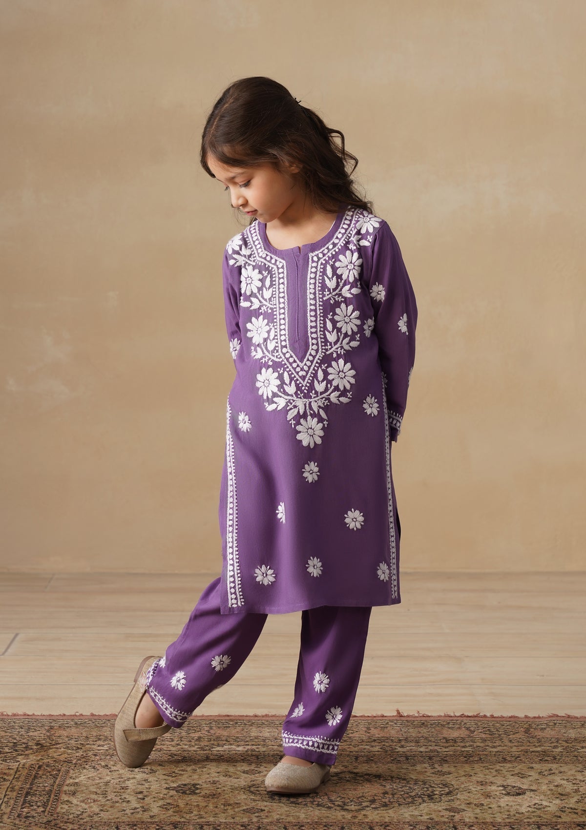 HOC Rayon Chikankari Solid Girls 2 PC Long Kurta Set - Purple