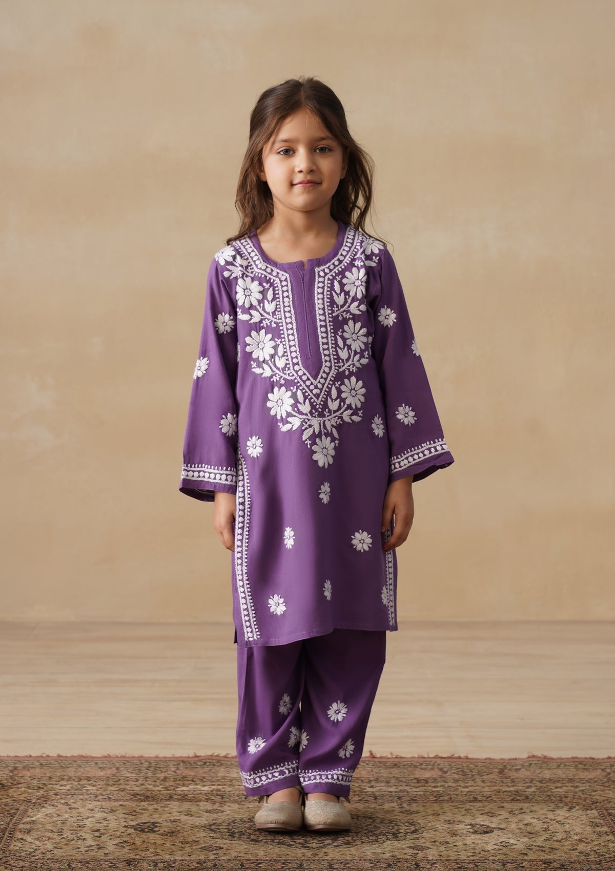 HOC Rayon Chikankari Solid Girls 2 PC Long Kurta Set - Purple