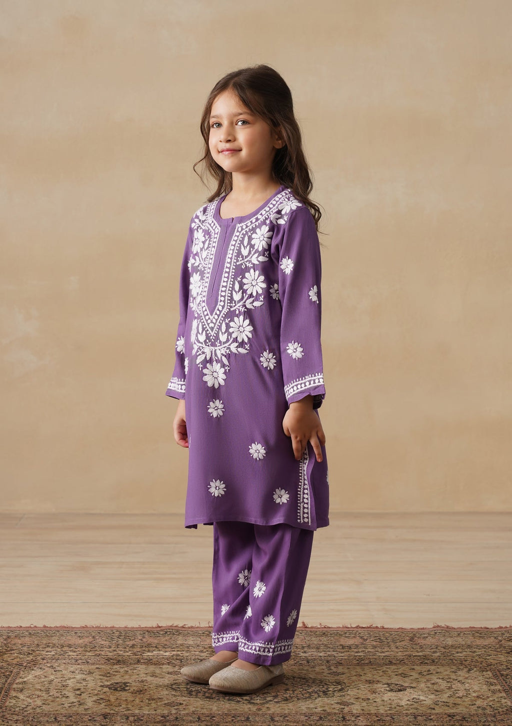 HOC Rayon Chikankari Solid Girls 2 PC Long Kurta Set - Purple