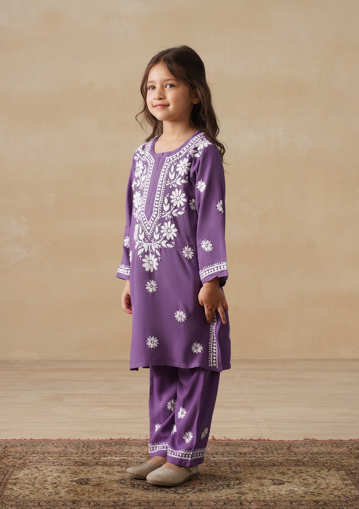 HOC Rayon Chikankari Solid Girls 2 PC Long Kurta Set - Purple