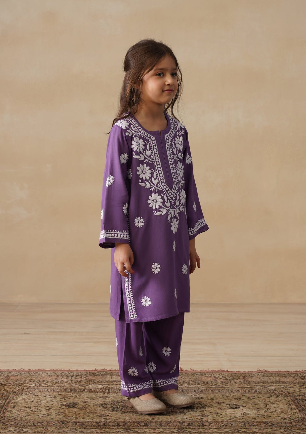 HOC Rayon Chikankari Solid Girls 2 PC Long Kurta Set - Purple