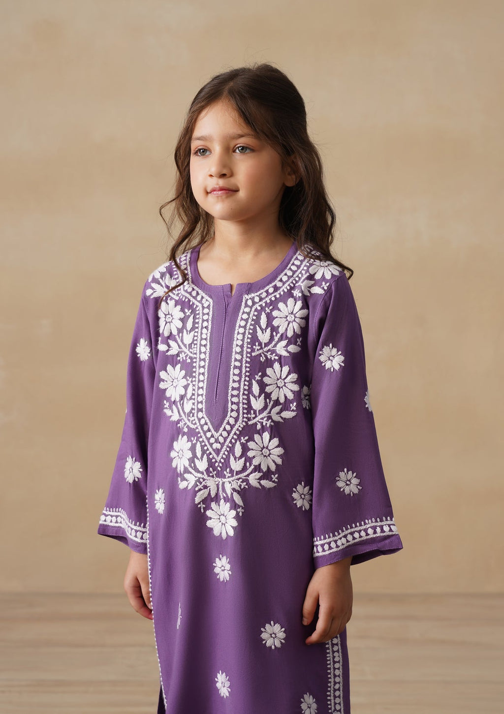 HOC Rayon Chikankari Solid Girls 2 PC Long Kurta Set - Purple