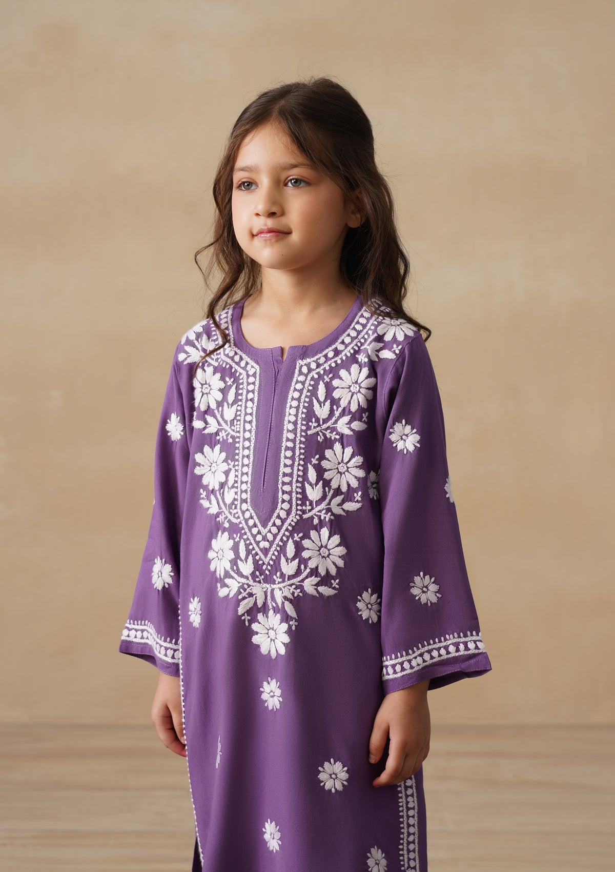 HOC Rayon Chikankari Solid Girls 2 PC Long Kurta Set - Purple