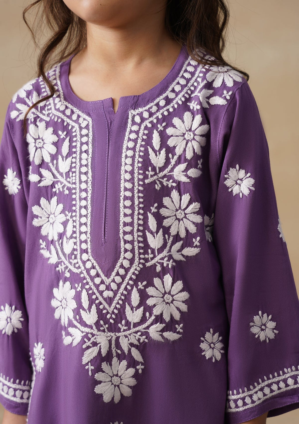 HOC Rayon Chikankari Solid Girls 2 PC Long Kurta Set - Purple