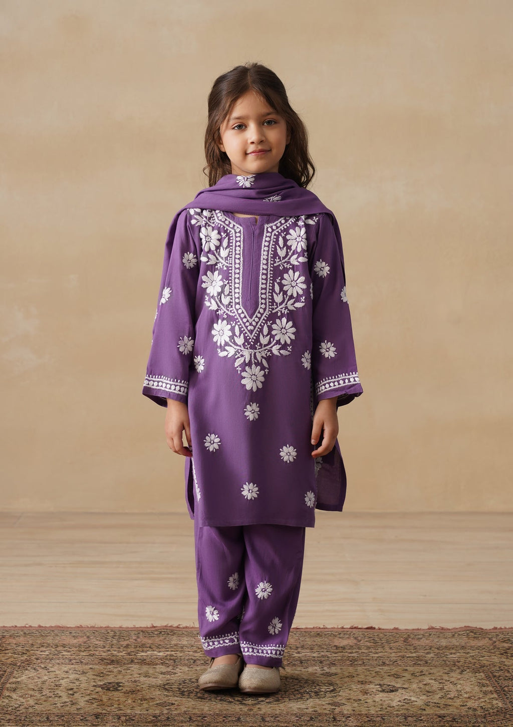 HOC Rayon Chikankari Solid Girls 2 PC Long Kurta Set - Purple