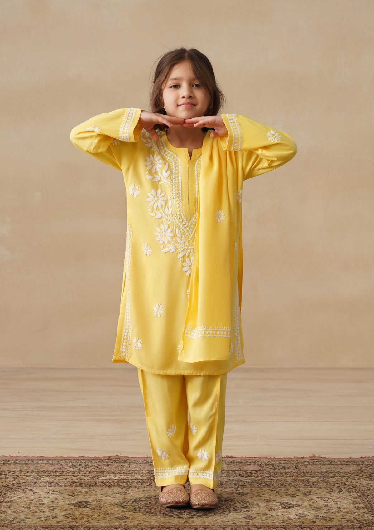 HOC Rayon Chikankari Solid Girls 2 PC Long Kurta Set - Yellow