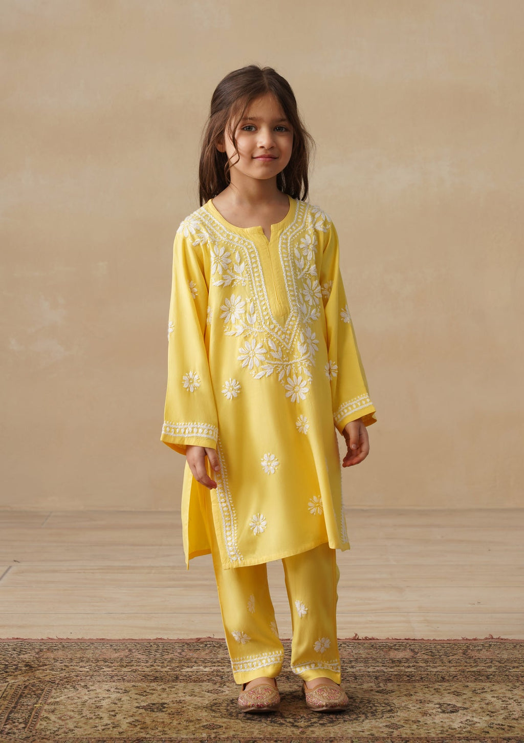 HOC Rayon Chikankari Solid Girls 2 PC Long Kurta Set - Yellow