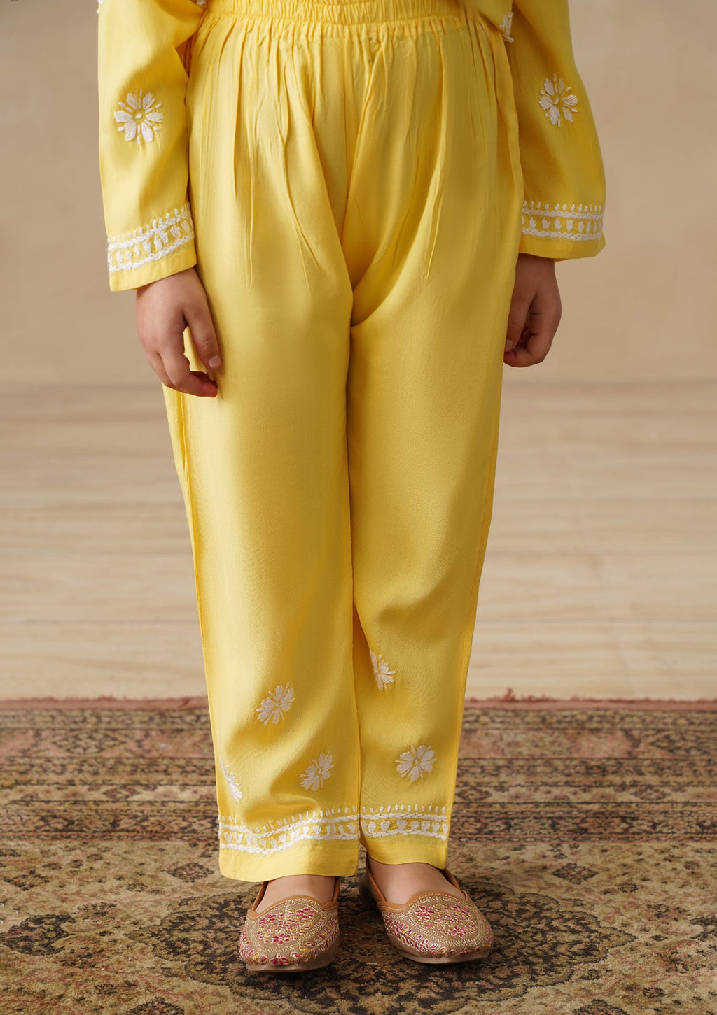 HOC Rayon Chikankari Solid Girls 2 PC Long Kurta Set - Yellow