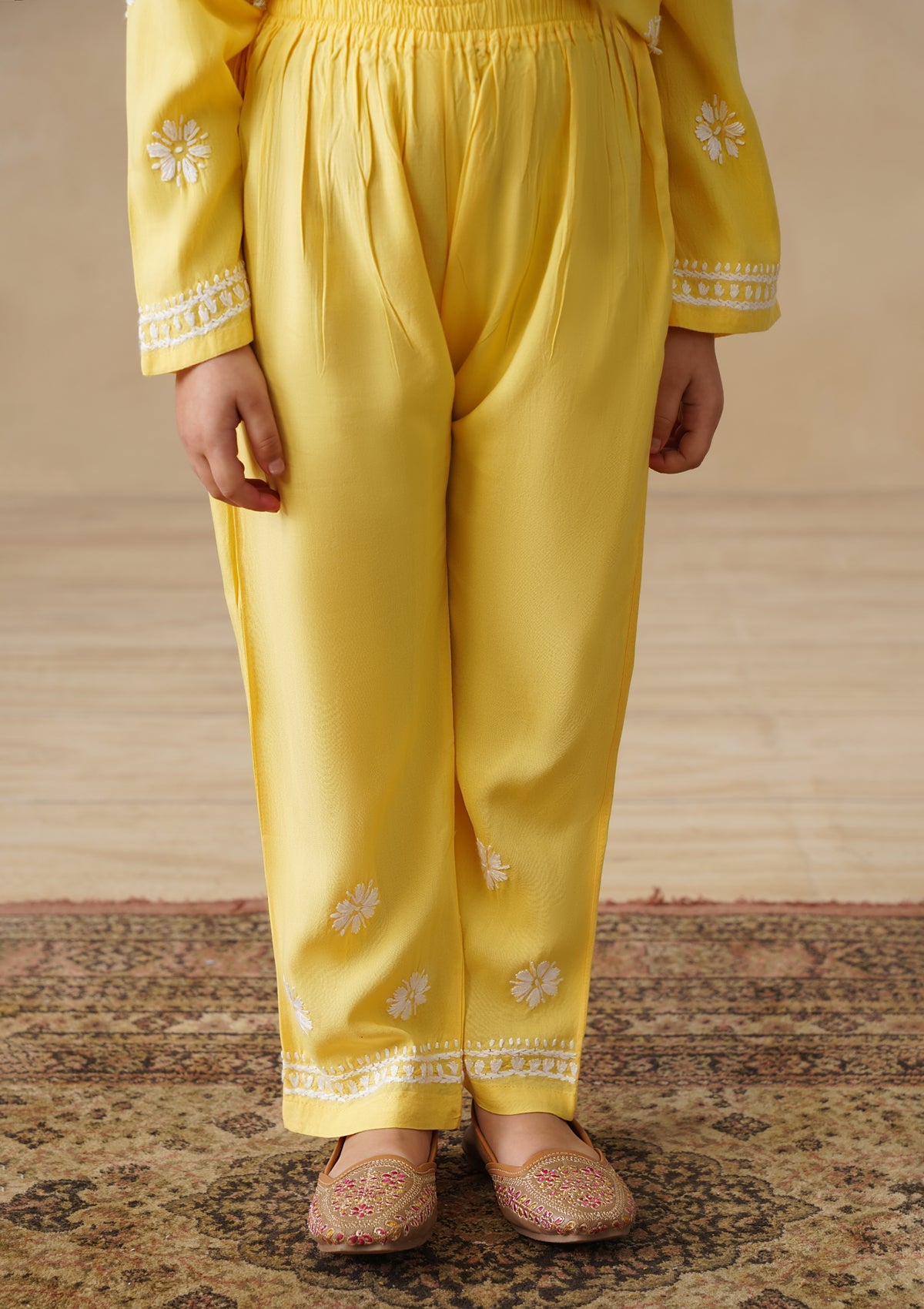 HOC Rayon Chikankari Solid Girls 2 PC Long Kurta Set - Yellow