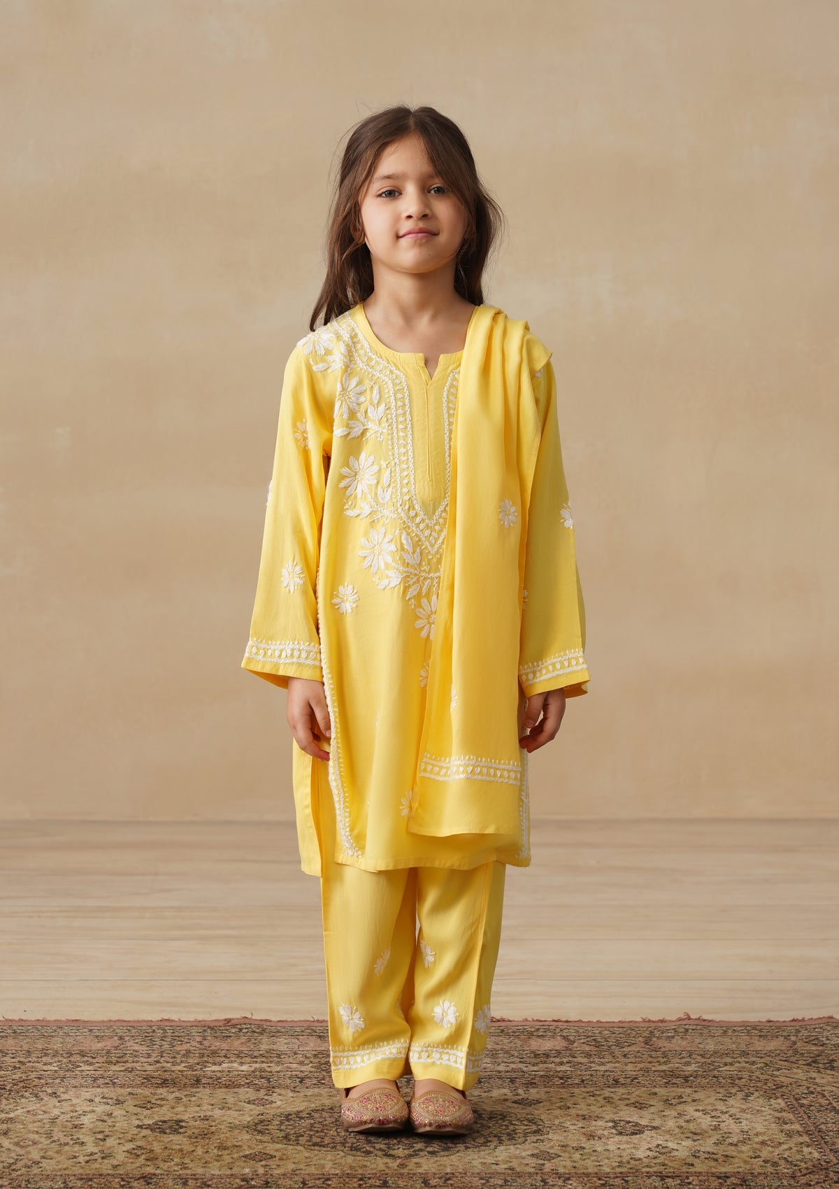 HOC Rayon Chikankari Solid Girls 2 PC Long Kurta Set - Yellow