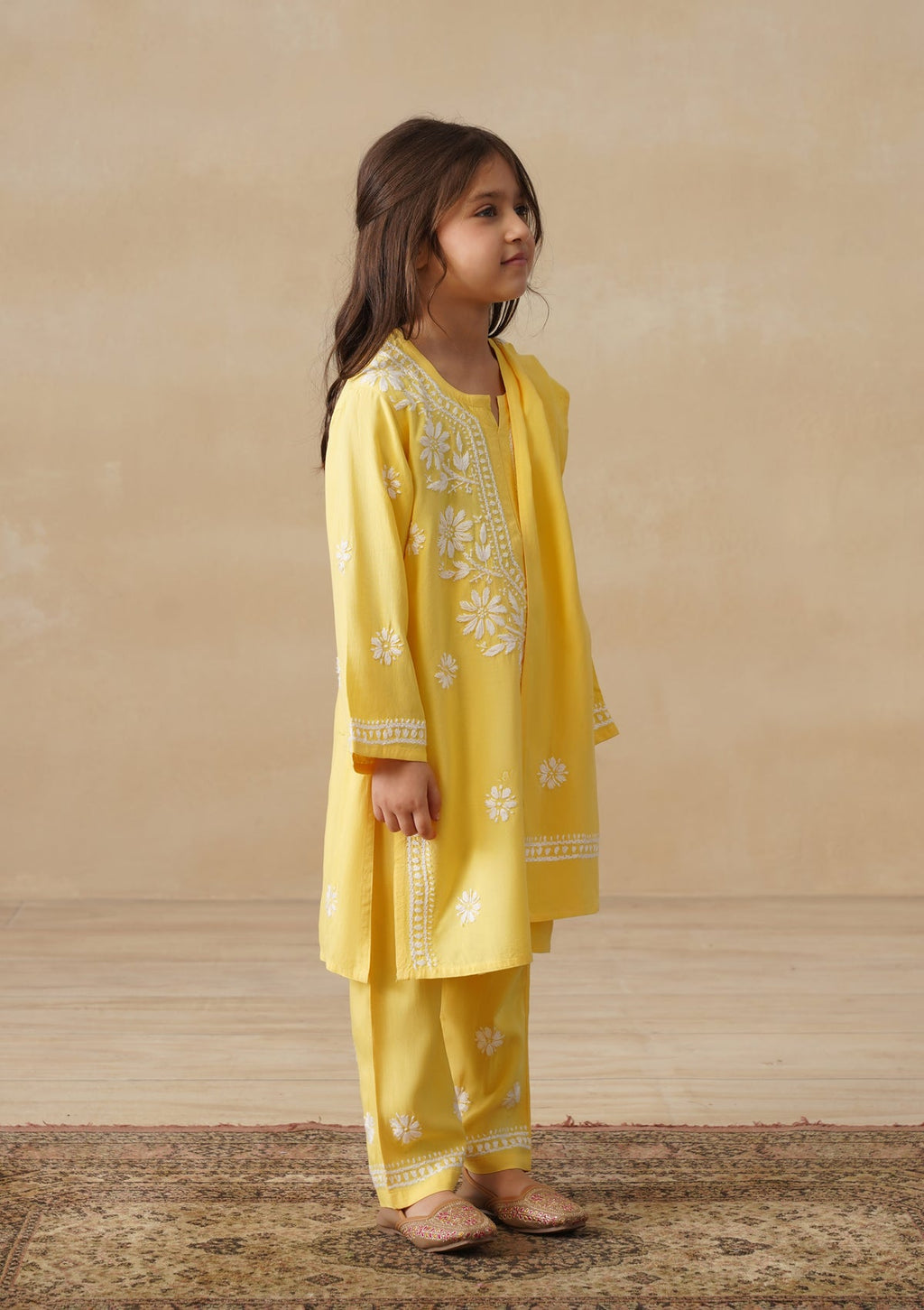 HOC Rayon Chikankari Solid Girls 2 PC Long Kurta Set - Yellow