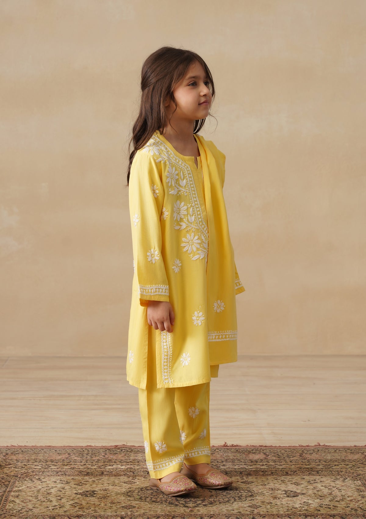 HOC Rayon Chikankari Solid Girls 2 PC Long Kurta Set - Yellow