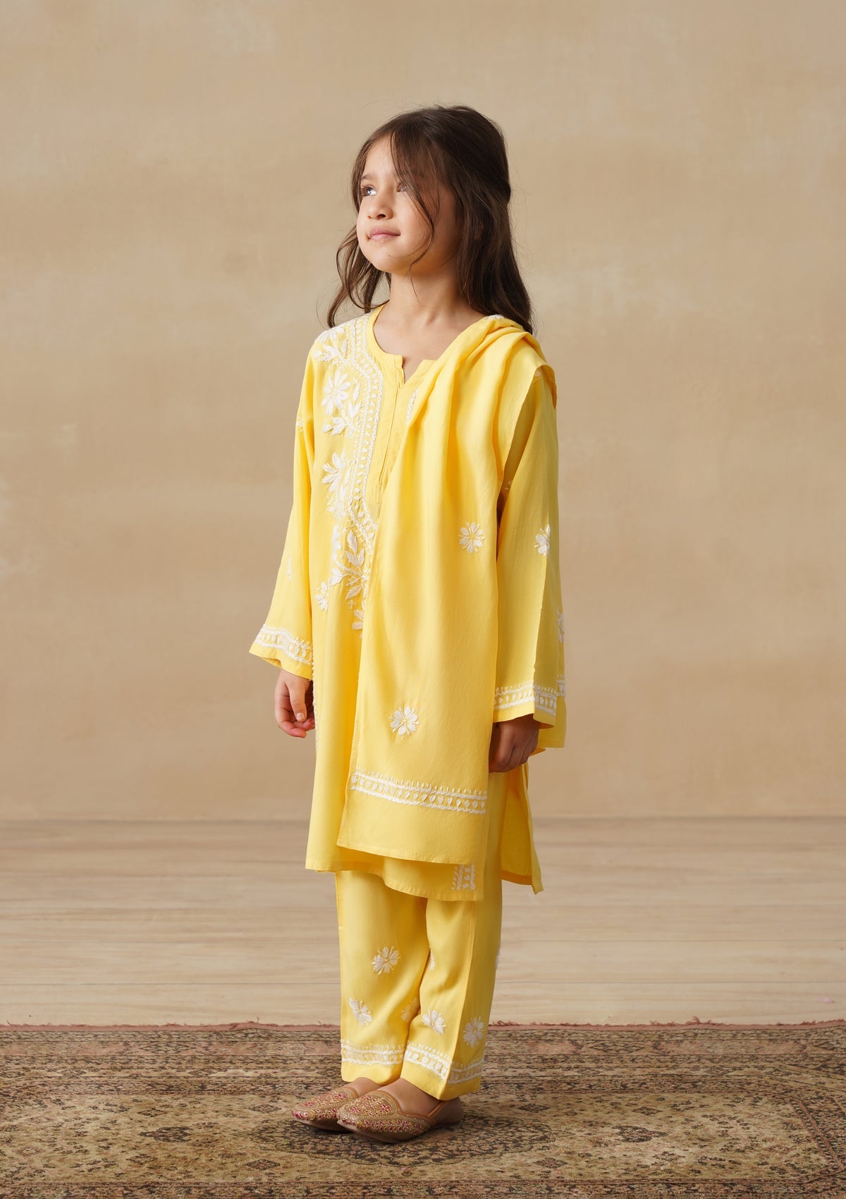 HOC Rayon Chikankari Solid Girls 2 PC Long Kurta Set - Yellow