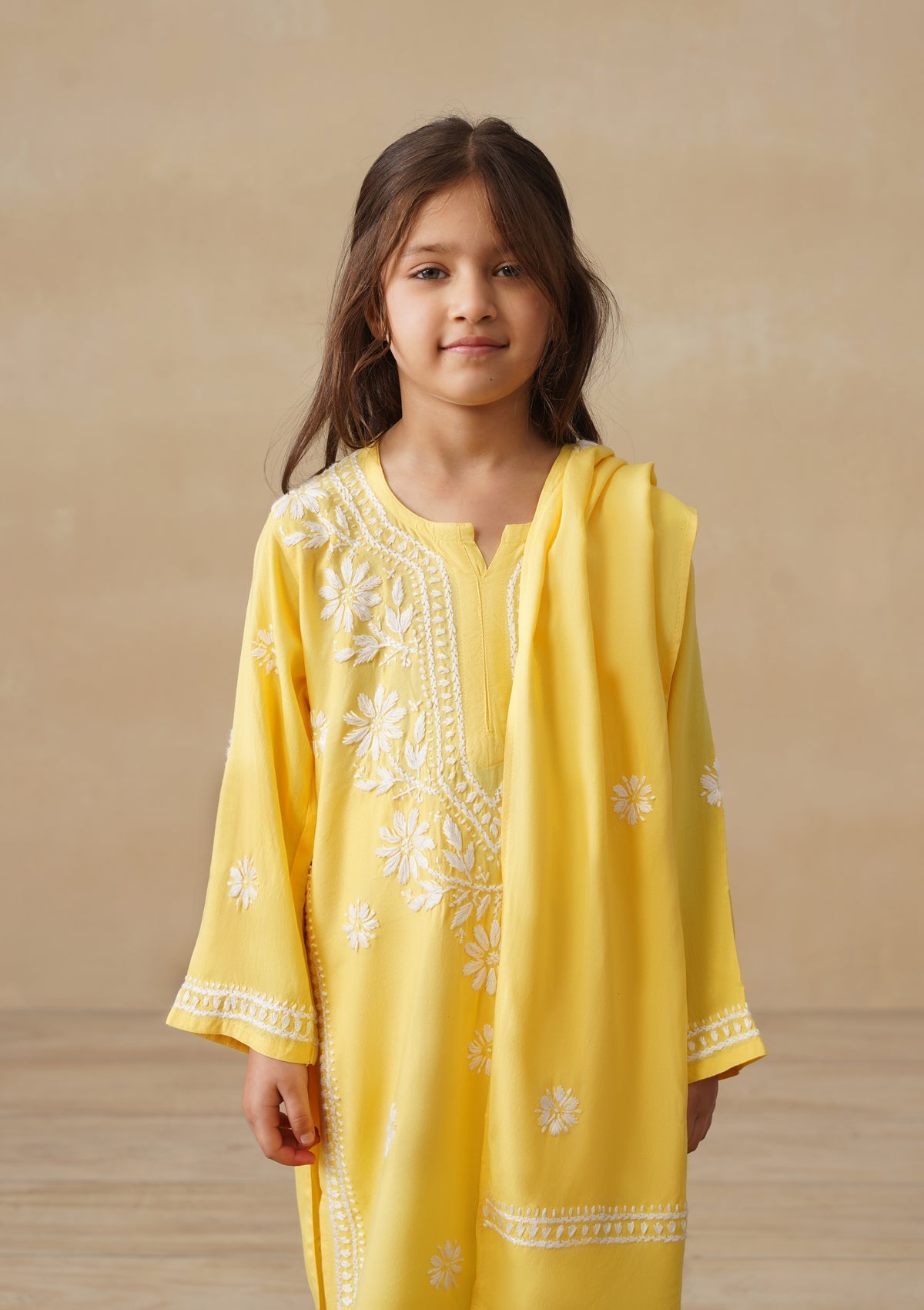 HOC Rayon Chikankari Solid Girls 2 PC Long Kurta Set - Yellow