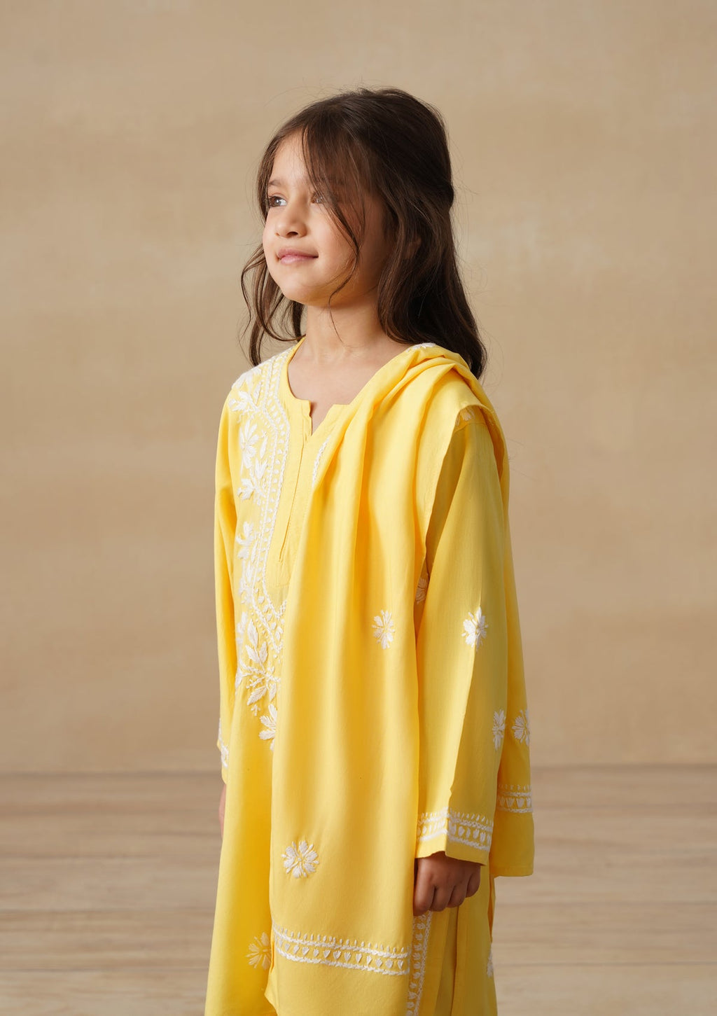 HOC Rayon Chikankari Solid Girls 2 PC Long Kurta Set - Yellow