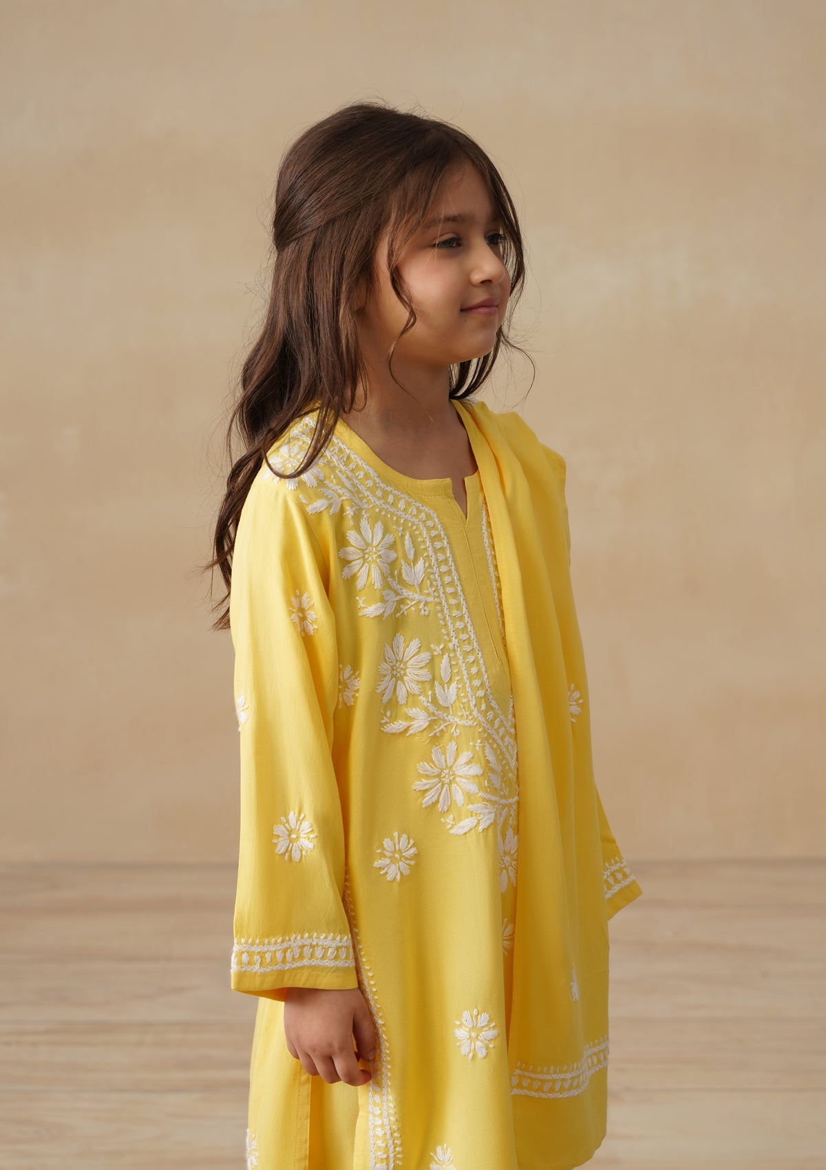 HOC Rayon Chikankari Solid Girls 2 PC Long Kurta Set - Yellow